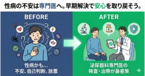 やすだ泌尿器科クリニックのブログのアイキャッチ画像　性感染症は泌尿器科専門医に相談を